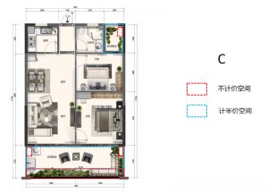 C户型 建面约91-97㎡ 2房2厅1卫1厨